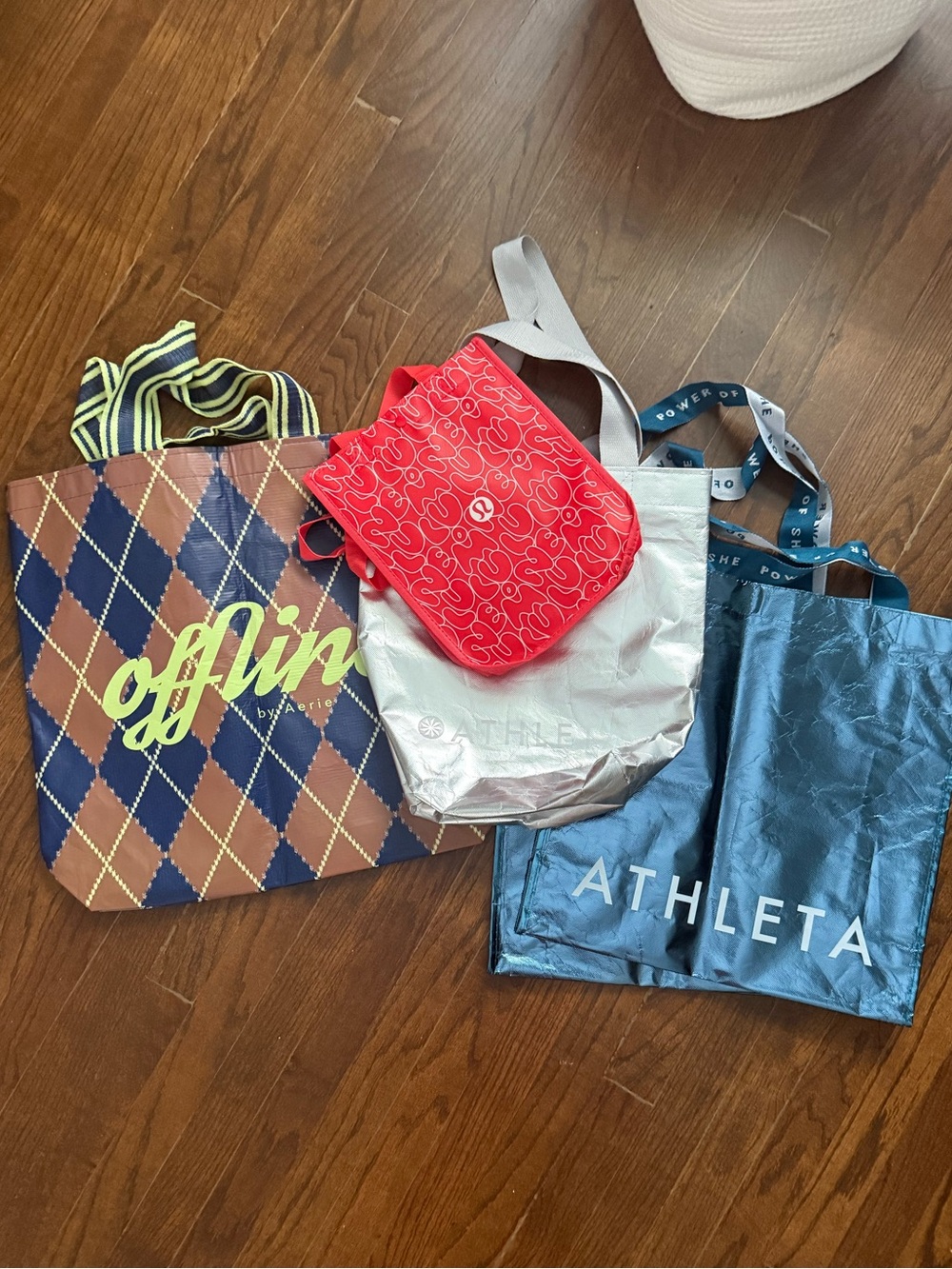 Athleta Blue Metallic Tote and Silver Reusable Bag with Red Small Lululemon Bag